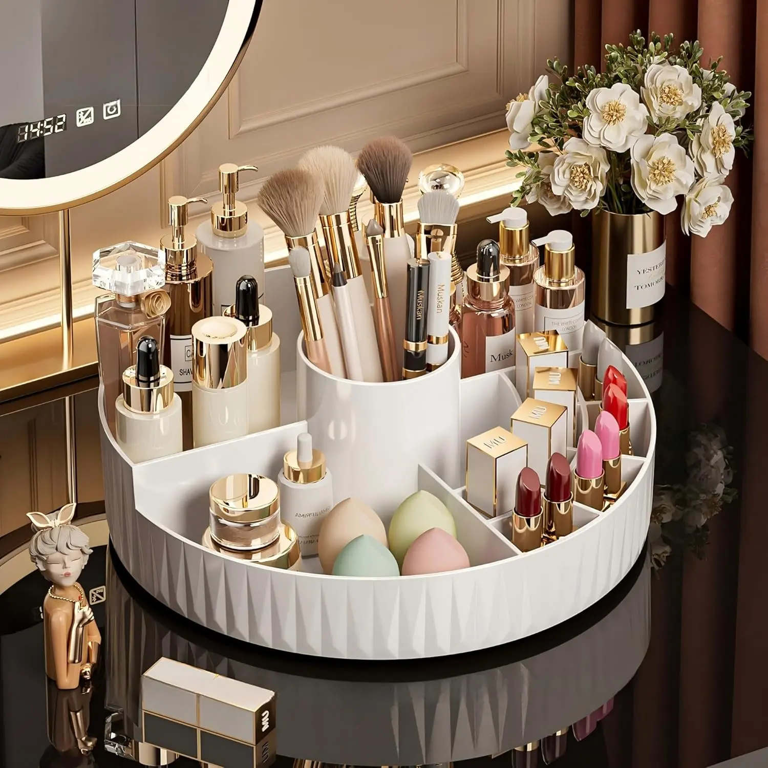 360° Rotate Makeup Organizer, Countertop Skincare Organizer, Large Capacity Multi-Compartment Makeup Brush Lipstick Skincare Organizer,  Storage for Dresser  & Bathroom (White)