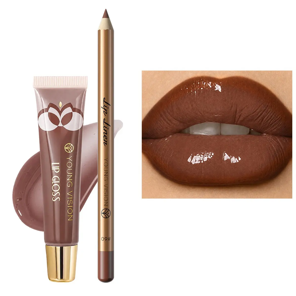 YOUNG VISION Chocolate Lip Liner & Gloss Set, Liner Gloss Duo, Define Lips, Retro Caramel, Glassy Finish, Perfect for European Style