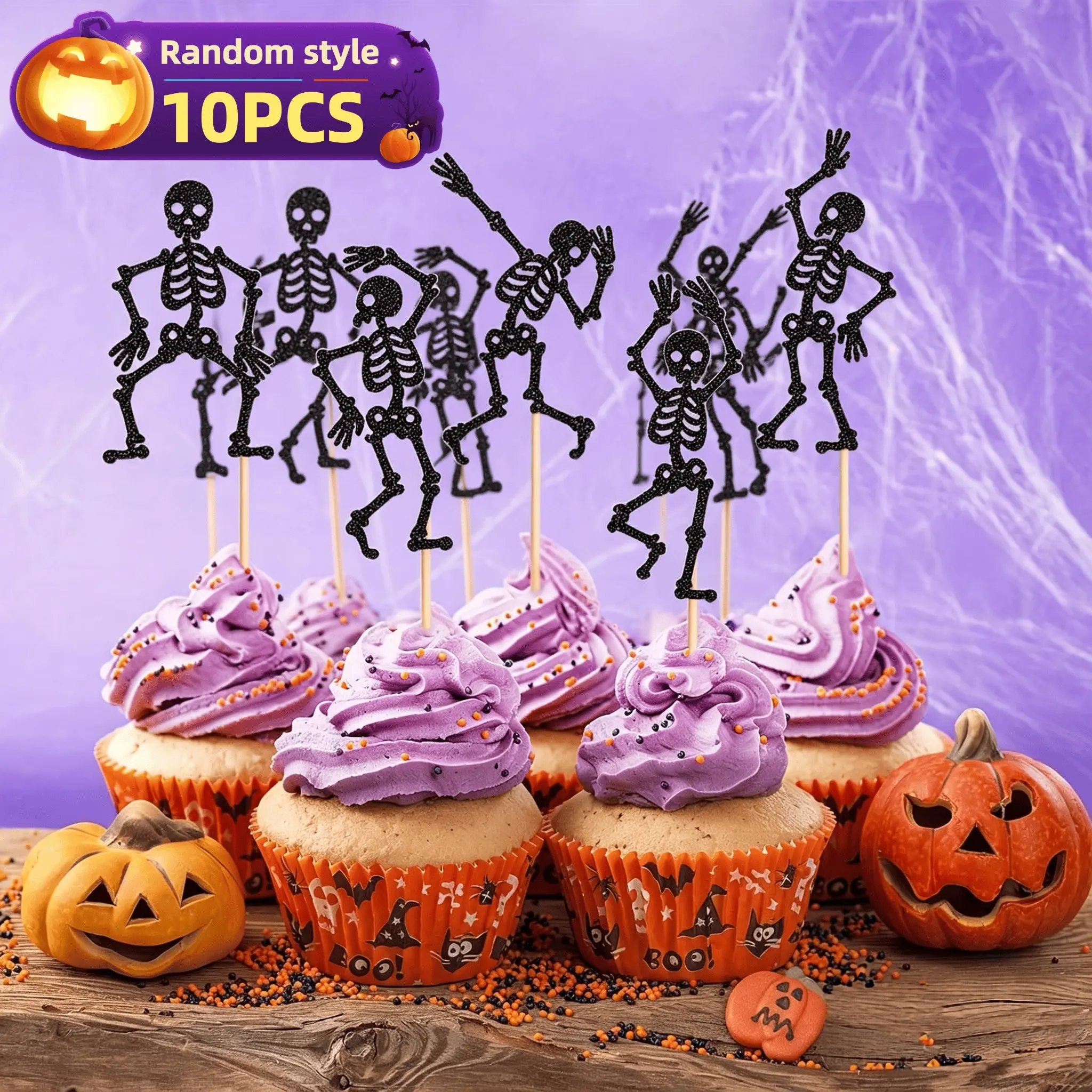10pcs Halloween Dancing Skull Cupcake Decorations, Gothic Party Cake Picks, Includes Skull Figures, Bamboo Skewers, Colorful Paper Pieces