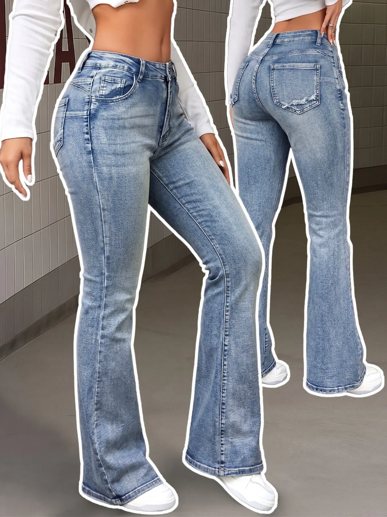 Women's High Waisted Light Wash Denim Jeans, Distressed Back Pocket, Stretch Flare Leg, Y2K Streetwear, Casual Daily Wear, Spring Summer Fall, Fit, Bottoms