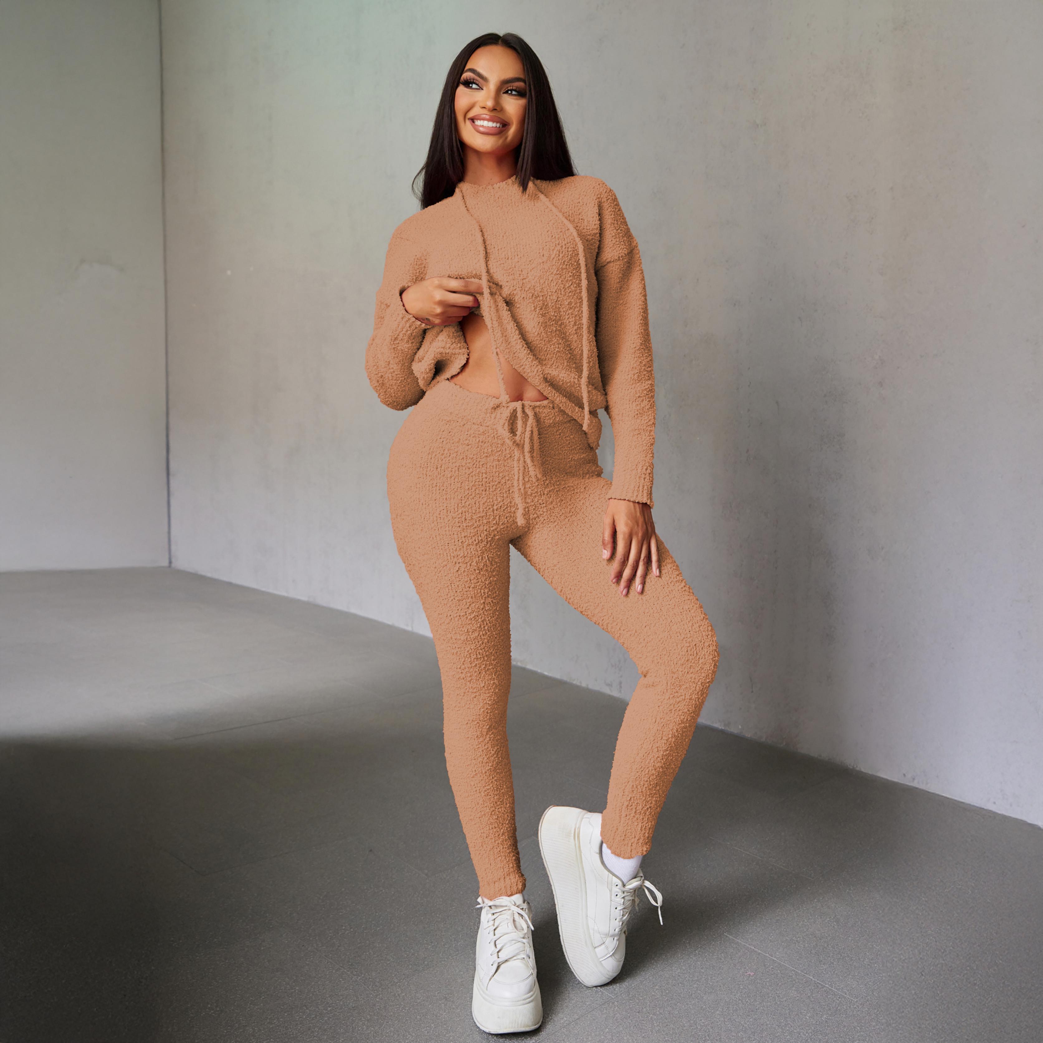 Joyfunear Women's Soft Woolen Knit Tracksuit Hoodie & Leggings Set for Home Leisure Daily Outings High-Quality Blend Fabric Adjustable Drawstring Hoodie Elastic Waist Leggings Pink Hue S-XXL