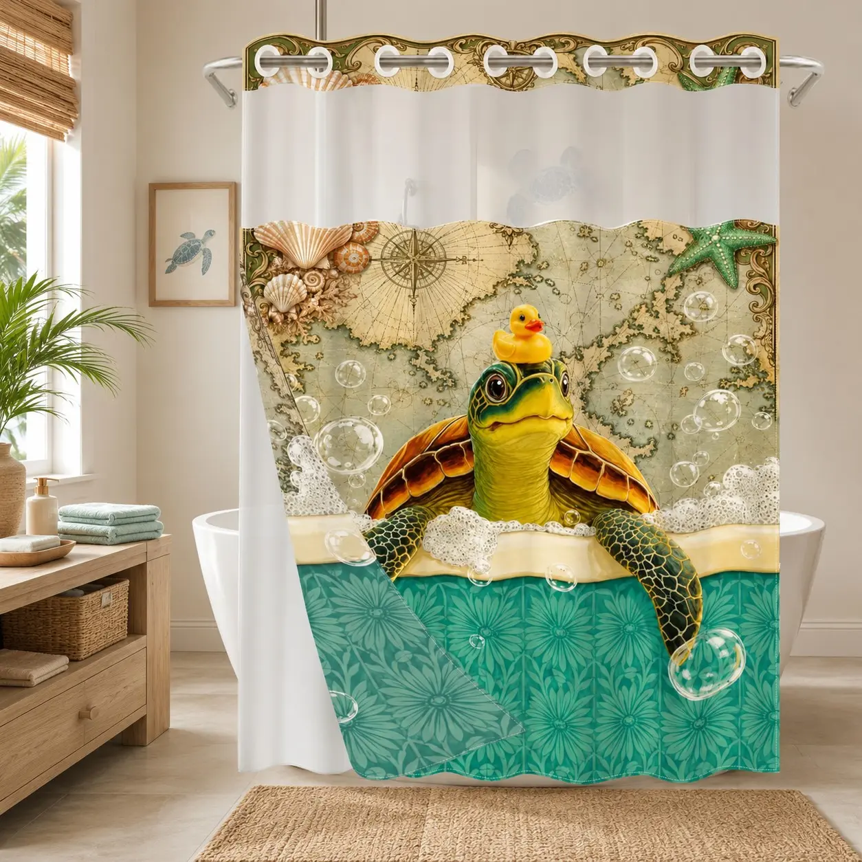 1Pc Hookless Double Layer Shower Curtain Set, Shower Curtain No Hooks, Sea Turtle Bath Print, Snap-In Waterproof Mildew-Resistant Liner, Fabric Curtain with Sheer Window, 71×74 Inch, Machine Washable, for Home, Hotel Bathrooms