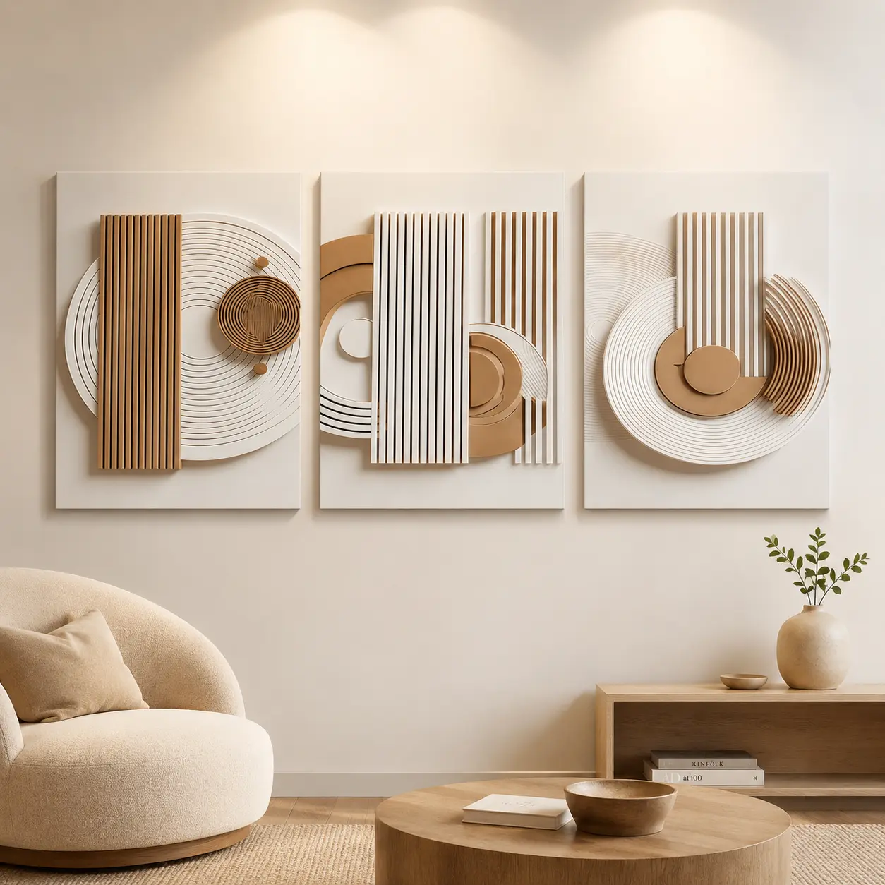 3 Piece Wooden Framed Canvas Wall Art Set, Wabi Sabi Geometric Abstract Ready-to-Hang Canvas Print for Living Room, Bedroom, Office, or Apartment Decor, Waterproof Diamond Pattern Design, Modern Minimalist Wall Decoration, Gift for Art Lovers