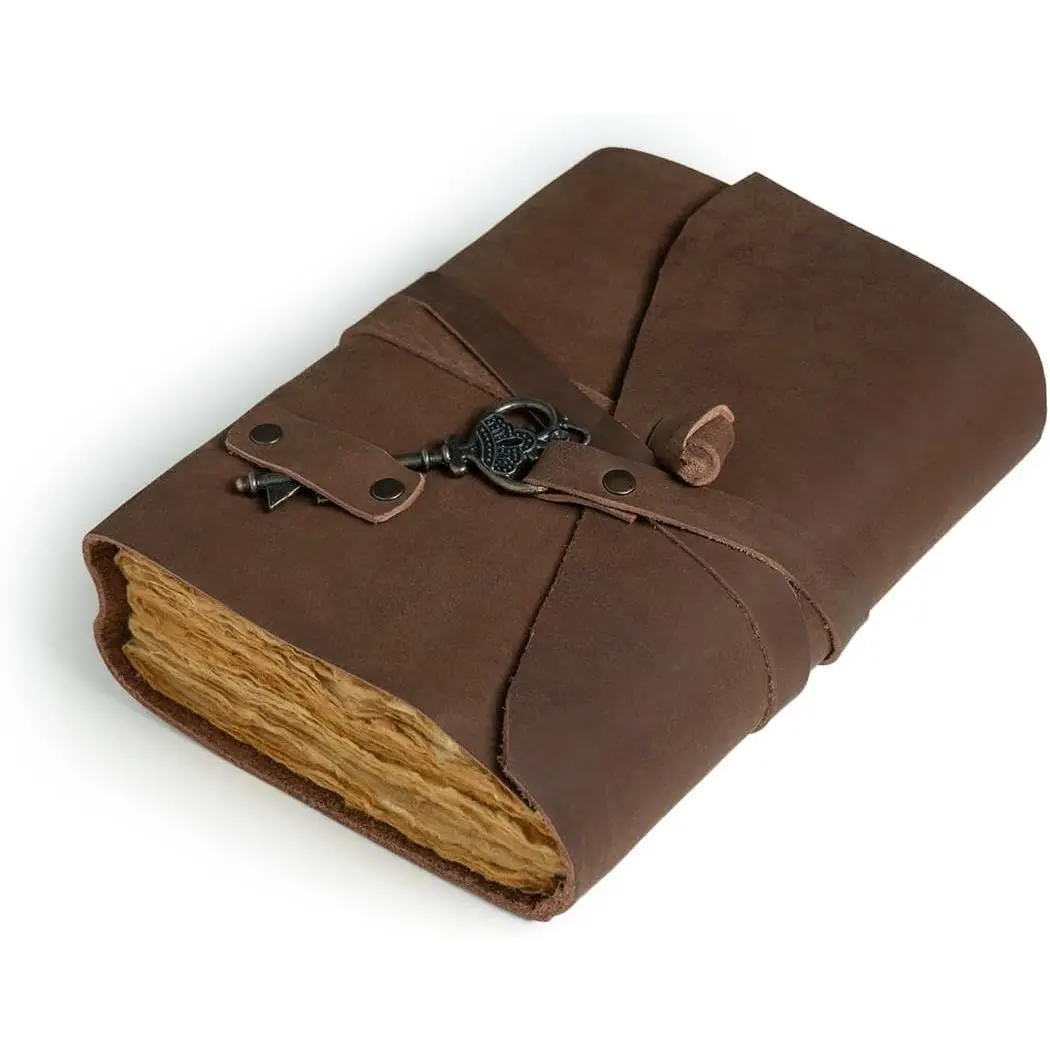 Light Brown  Journal | Leather Diary for Men & Women | Unlined 200 Deckle-Edged Pages | Wrap Band with Key | Ideal for Writing, Journaling & Sketching (6 × 8)