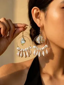 Cowrie Shell Hoop Earrings, Bead & Edge, Boho Summer Beach Dangle Earrings, 10cm Large Round Seashell Drop Jewelry