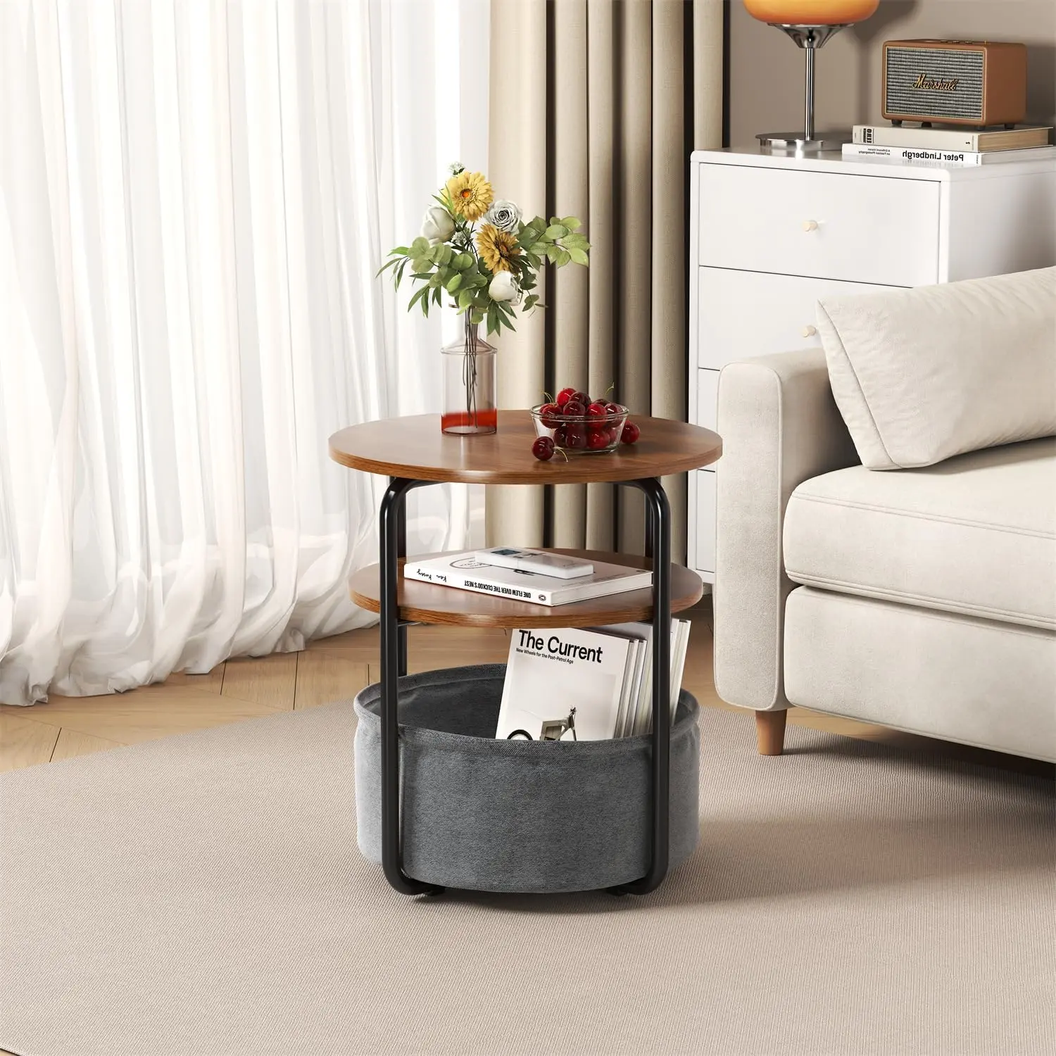 3-Tier Round End Side Table with Detachable Storage Bag, 23.6" H Vintage Accent Nightstand, Compact Corner Table for Small Spaces, Living Room & Bedroom
