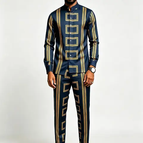 Men's Two-Piece Casual Commute Style Set, Long-Sleeve Stripe Shirt and Long Pants with Stand Collar, Multi-Color Outfit for Parties and Spring–Autumn Wear, Multifunctional Casual Outfit Set