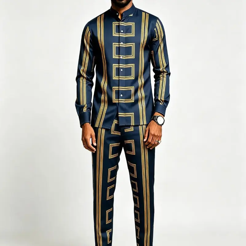 Men's Two-Piece Casual Commute Style Set, Long-Sleeve Stripe Shirt and Long Pants with Stand Collar, Multi-Color Outfit for Parties and Spring–Autumn Wear, Multifunctional Casual Outfit Set