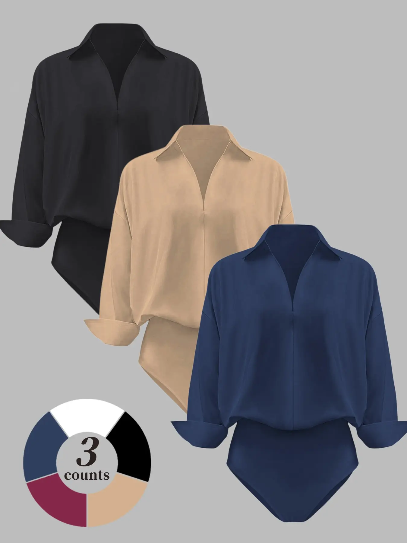 Women's Plain Collared Bodysuit, Casual Comfy V Neck Long Sleeve Blouse Top, Soft Stretchy Shirt Bodysuit for Work & Everyday Wear, Slim Fit Business Casual Office Top, Cuffed Sleeve, Breathable Basic Top, Womenswear