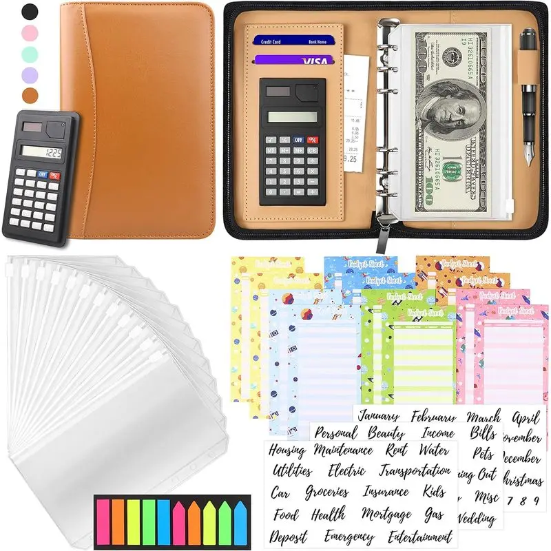 A6 PU Leather 2026 Budget Binder Complete Cash Stuffing Kit, Money Saving Wallet with Waterproof Zipper Cash Envelopes, Built-In Mini Calculator & Expense Track Sheets, Envelope Budget System Organizer for Monthly Bill Tracking & Financial Savings Hack