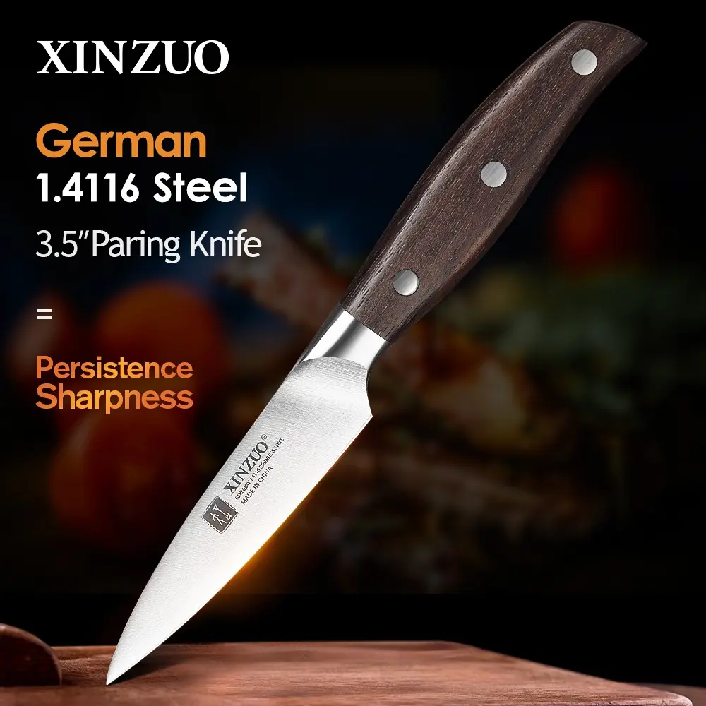 Kitchen favorite: XINZUO 3.5-inch paring knife. German steel, 56-58HRC, 15° edge for precise cutting, red sandalwood anti-slip handle, 6-8N cutting force, great for gifting.- Zhi Series
