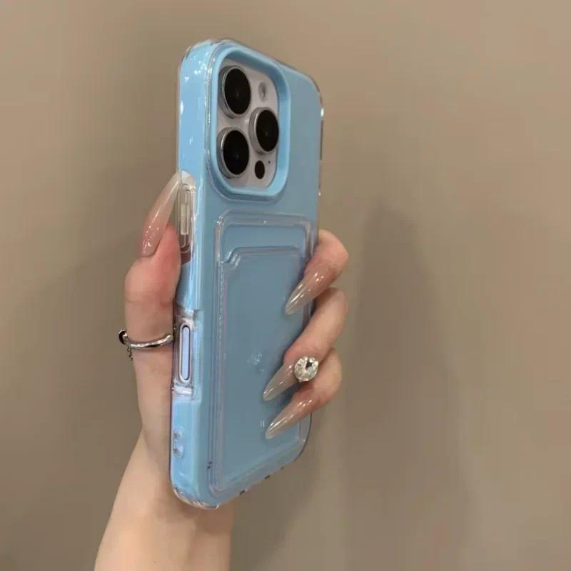 Luxury Clear Card Slot Holder Phone Case For IPhone 16 15 14 13 12Pro Max Wallet 2 in 1 Soft Protector Shockproof Candy Cover