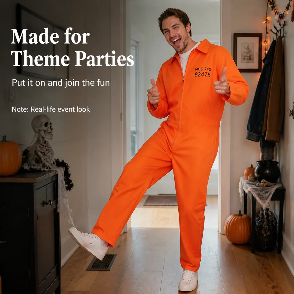 Men's Retro Orange 100% Polyester Full-Zip Long-Sleeve Cosplay Jumpsuit Costume, Soft Special Occasion Wear for Halloween Party, Cosplay Show Birthday Carnival