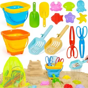 Beach Sand Toys for Kids 4-8 with Collapsible Buckets Sand Molds Mesh Shovels and Shell Bags Sand Tool Shell Shark Teeth Collecting, Beach Travel Essential Outdoor Sandbox Toy for Toddler 3 4 5 6