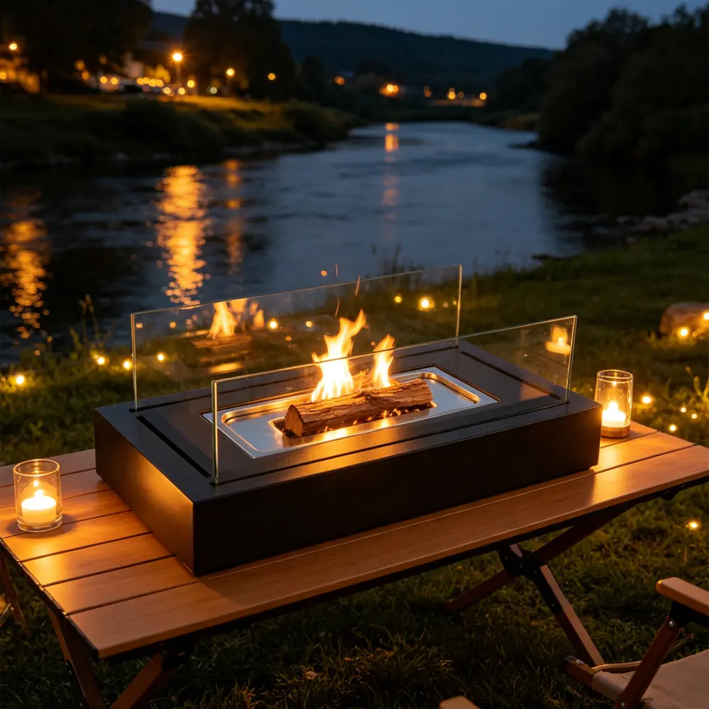 Modern Rectangular Tabletop Fire Pit Smokeless Indoor Outdoor Portable Fireplace with Glass Guard & Wood Log Decor for Living Room Aesthetic
