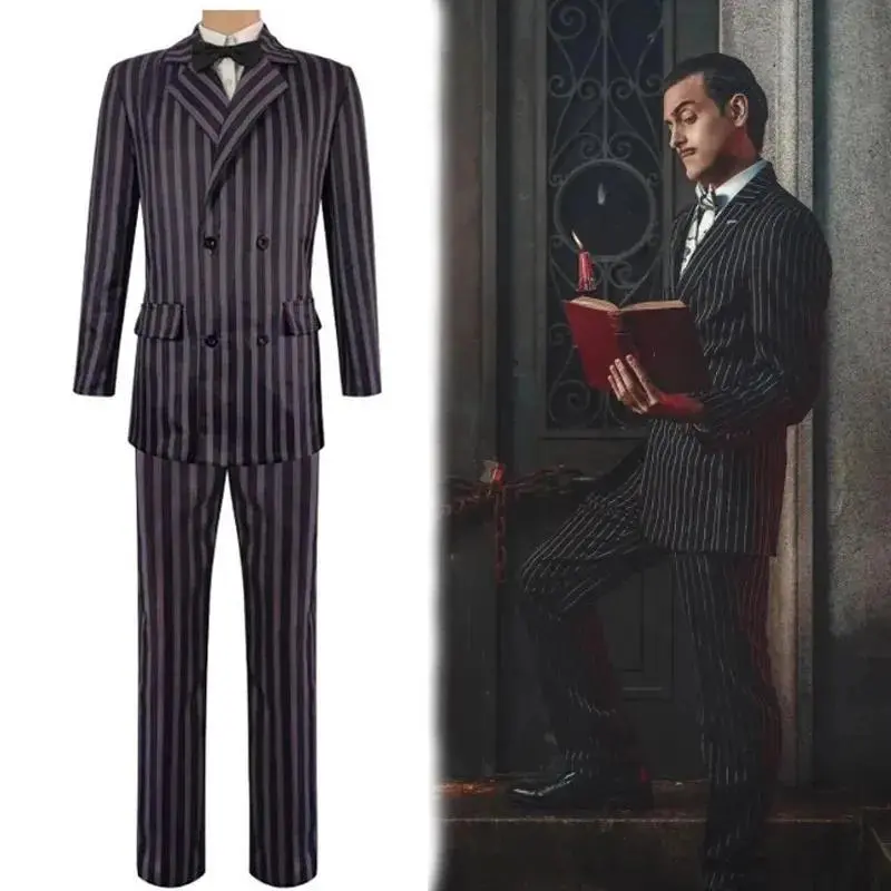 Movie Proms Cospaly Morticia Costume Black Punk Gothic Dress Gomez Uniform Party Carnival Wig Adultk;3,c'5.b;8'