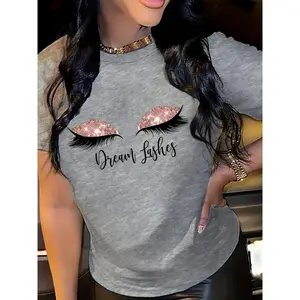 Eyelash And Dream Abstract Portrait Graphic Print Crew Neck T-Shirt, Casual Short Sleeve T-Shirt for Spring And Summer, Women'S Clothing