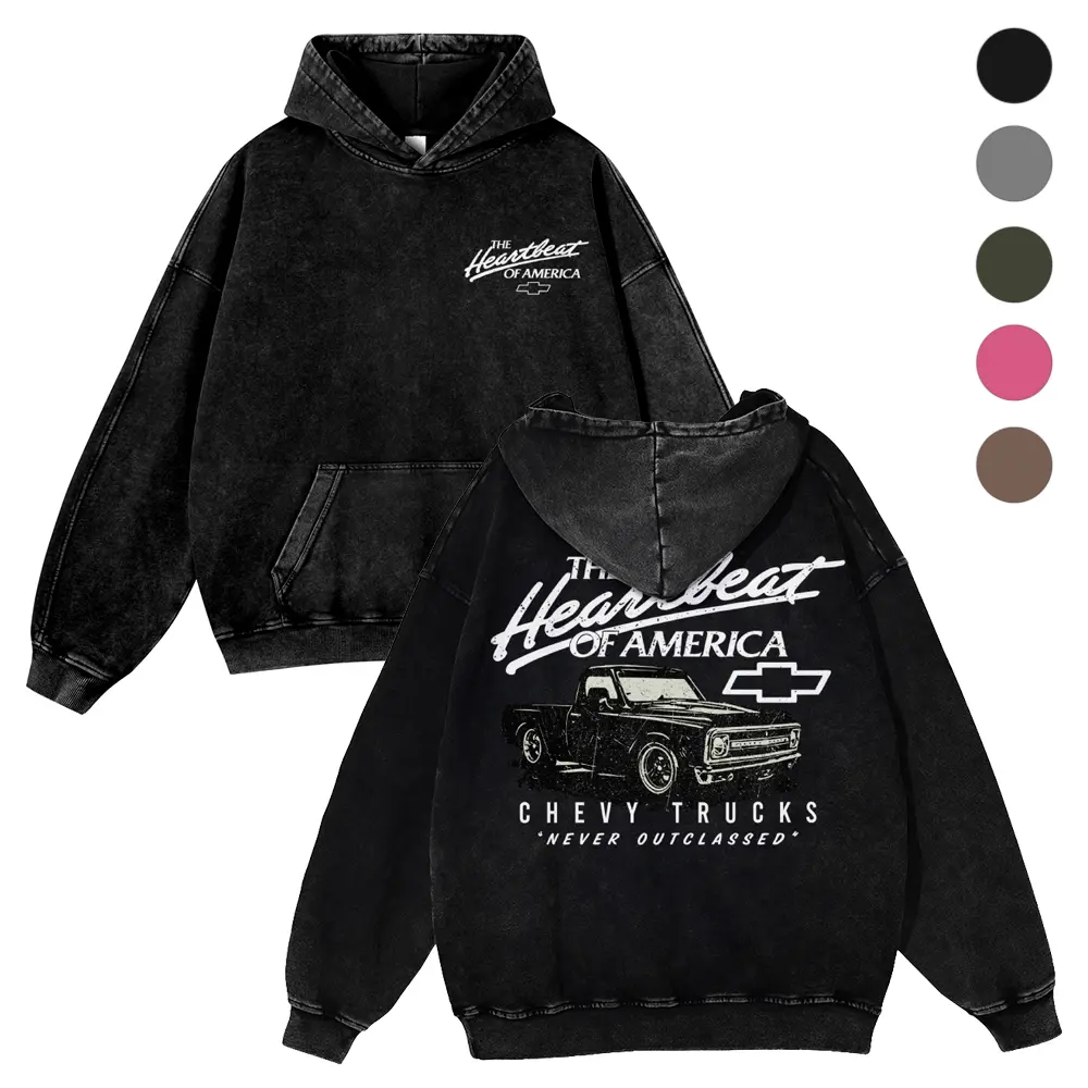 Vintage Washed Hoodie, Men's Retro Western Truck Graphic Sweatshirt, Super Soft Cotton Blend Top for Spring Daily Wear, Jeans, Tops, Machine Washable, Do Not Dry Clean, Pull On, Fabric, Casual, Long Sleeve