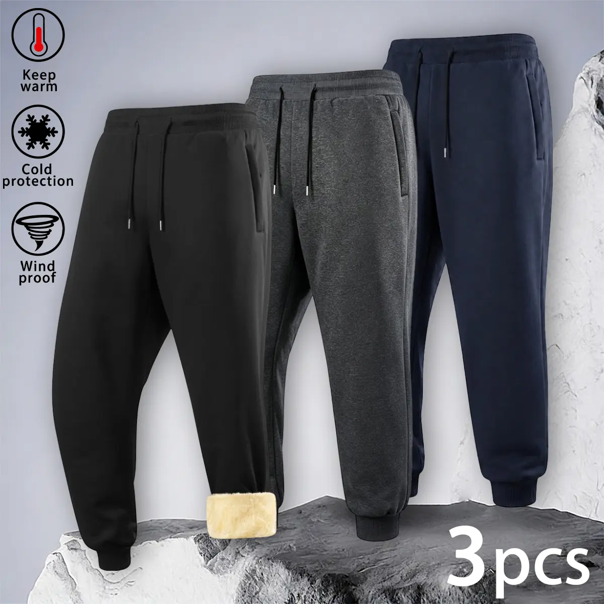 Men's Polyester 3-Pack Winter Thermal Fleece-Lined Loose-Fit Jogger Sweatpants - Drawstring Elastic Waist, Cuff Hem Below Ankle, Wind-Resistant, Side Pockets, Machine Washable for Casual Commute, Outdoor Activities, Machine Wash