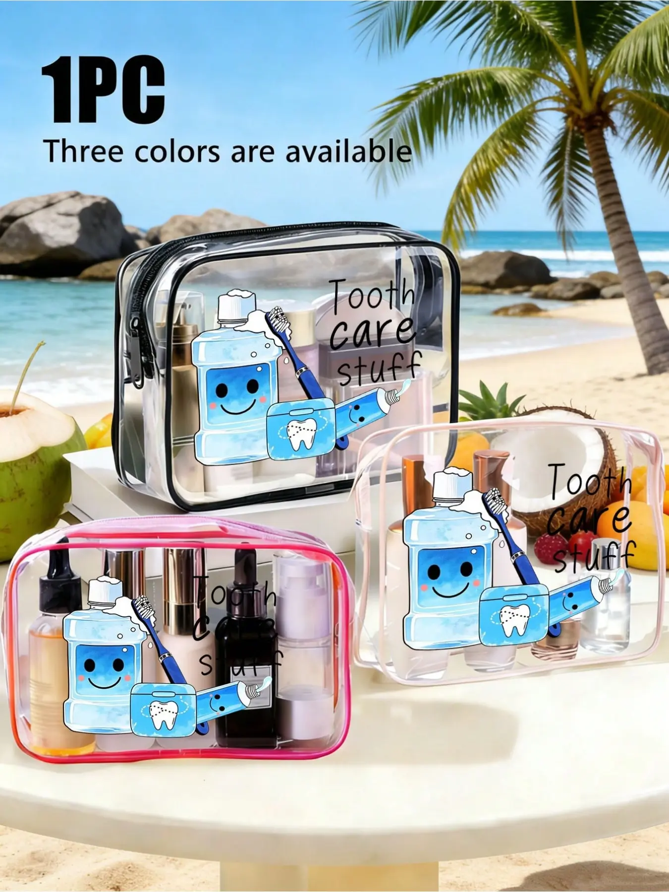 PVC Toiletry Bag with dental care prints. Portable storage pouch with rust-proof zippers and durable material. Suitable for travel, beach, daily storage of stationery and medicines. Great for back-to-school and gifting.