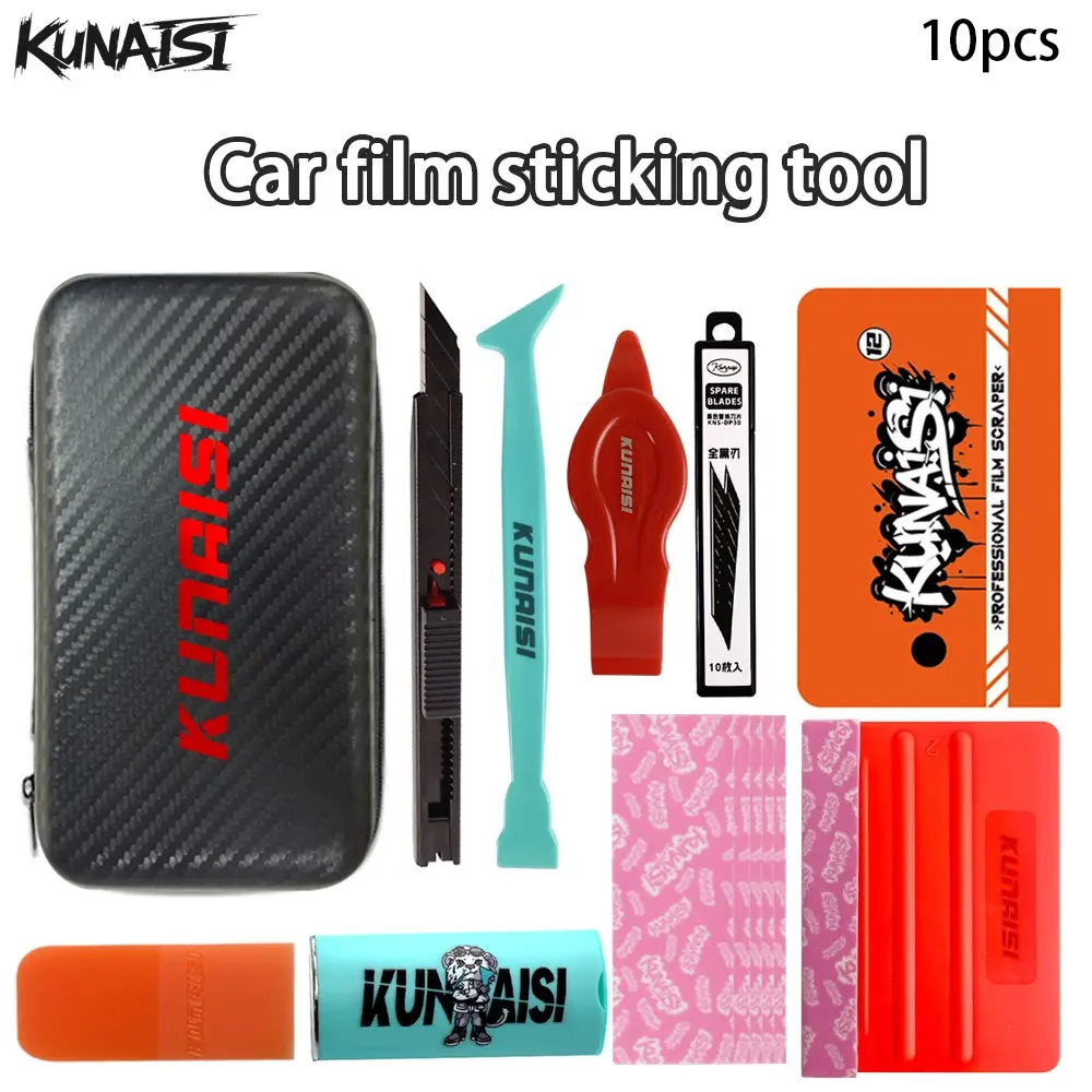 KUNAISI 10PCS Professional Car Vinyl Wrap Tool Kit w/ Storage Box, PPF Scraper & Replacement Blades
