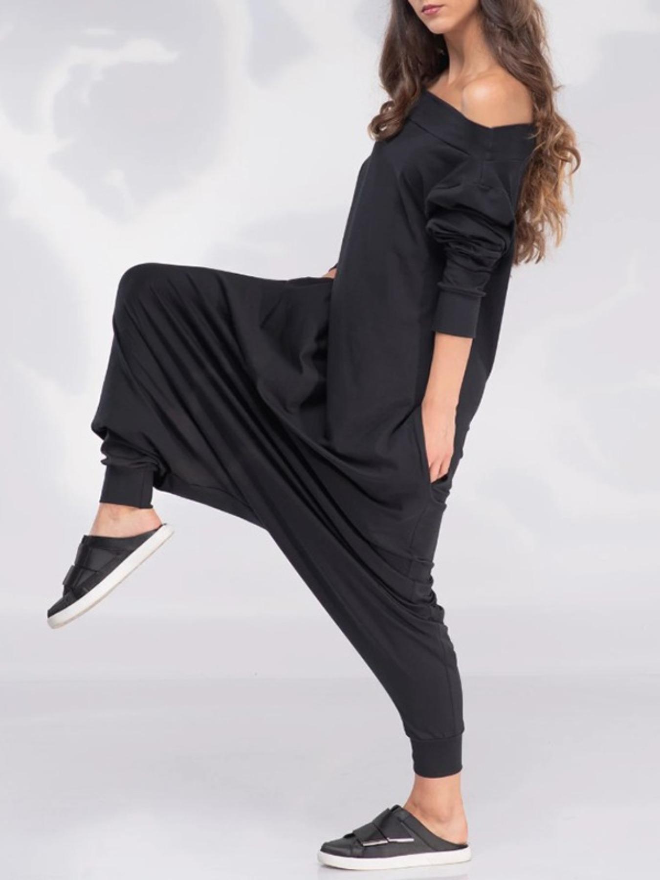 Women's Solid Woven Off-Shoulder Long Sleeve Jumpsuit, Casual Comfy Loose Jumpsuit for Spring & Fall, Ladies Clothes for Daily Wear