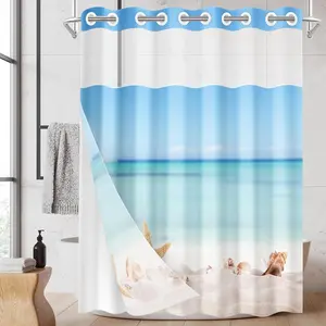 No Hook Summer Beach Ocean Shower with Snap in Liner Set, Sea Shell Waterproof with See Through Top Window Open Grommet Bath 71x74 Inch