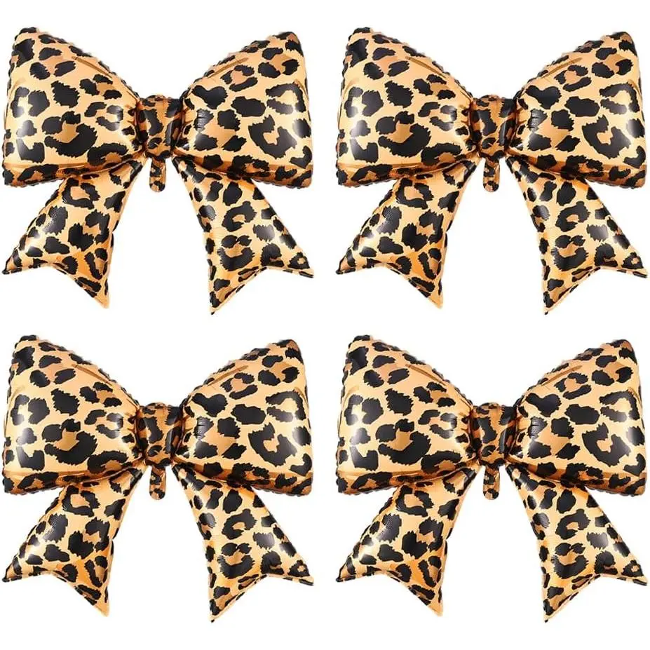 4Pcs Cheetah Print Bow Foil Balloons, Large Leopard Pattern Bow Shape Balloon for Wedding Birthday Bridal Shower Bachelorette Kiss the Miss Goodbye Jungle Animal Party Supplies (4Pcs Bow)