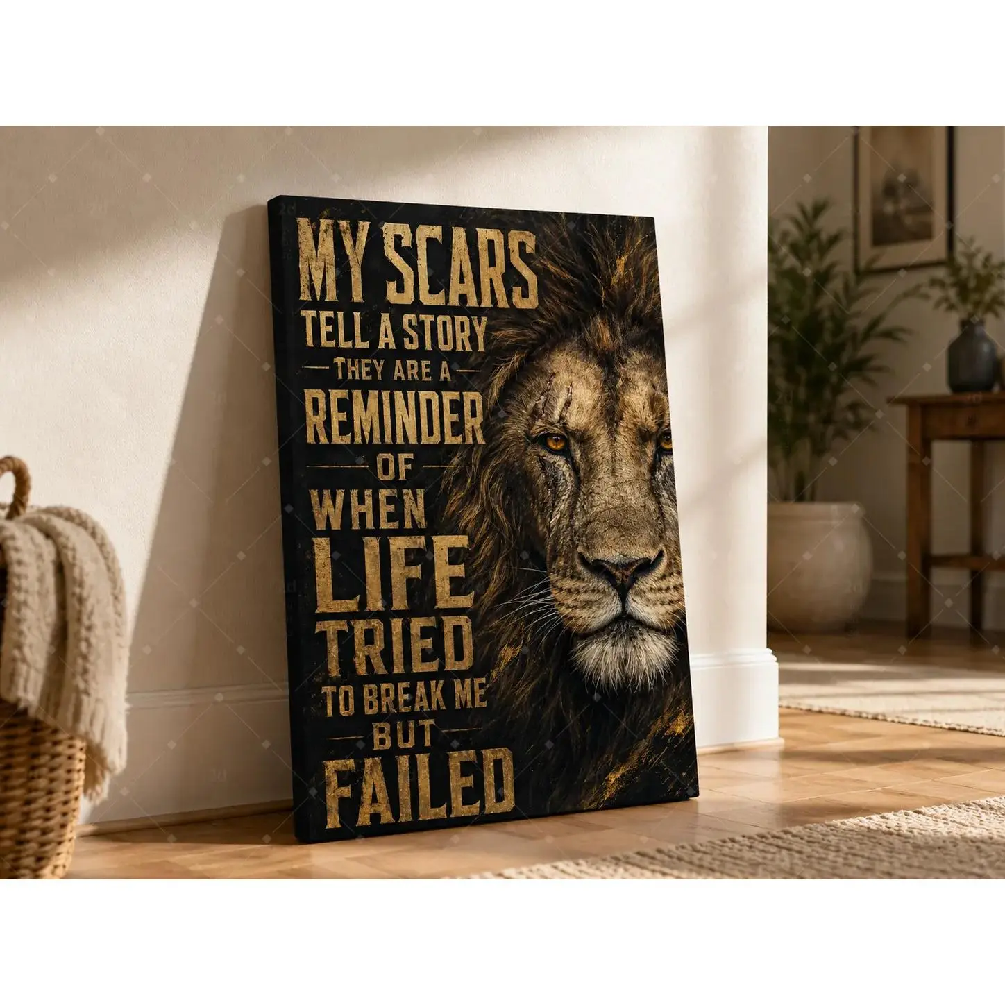 Lion Motivational Quote Canvas Wall Art, My Scars Tell A Story Poster Print, Black Gold Inspirational Decorative Poster for Living Room Bedroom Office Gym Dorm, Unframed Poster or Framed Canvas Wrap