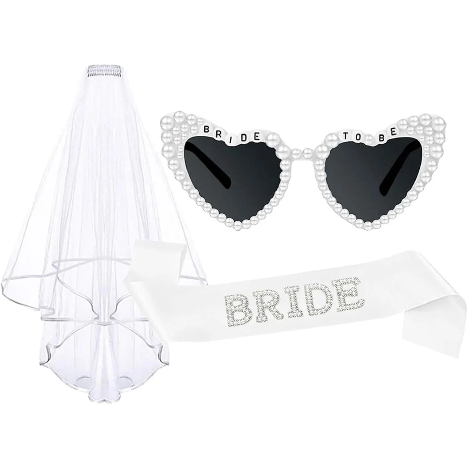3 count  Bride Sash and Bridal Veil Bride to Be Heart  Sunglasses | for Women Bachelorette Bridal Shower Engagement Wedding Party Favors