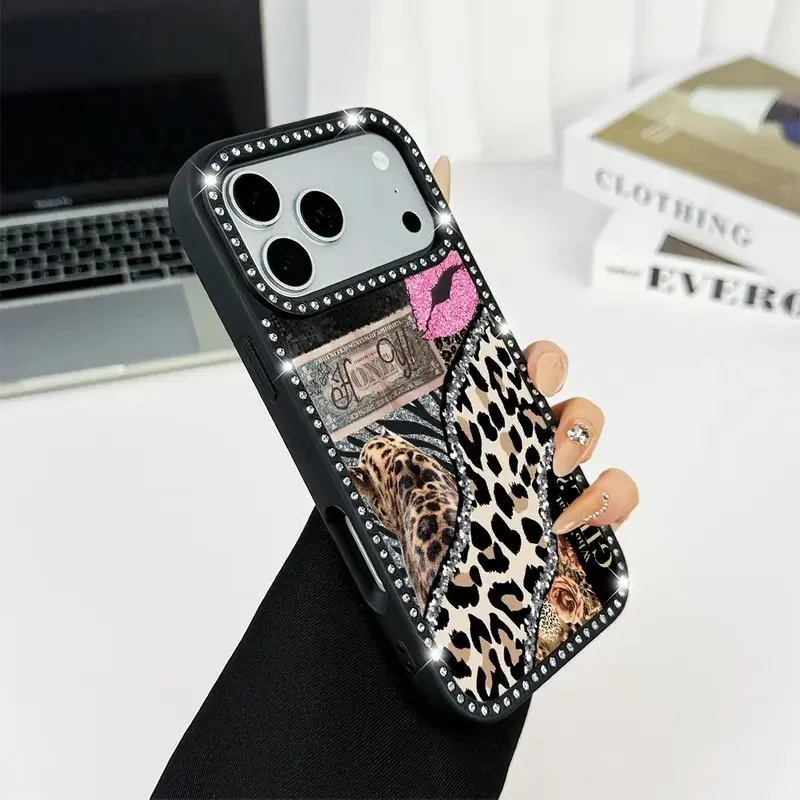 Shining leopard print double-sided diamond studded phone case, military grade anti drop, stylish and beautiful phone protection case, suitable for iPhone 17 Pro Max, Air 16Pro, 15 Plus, 14, 13, 12ProMax, 11 women's phone case-