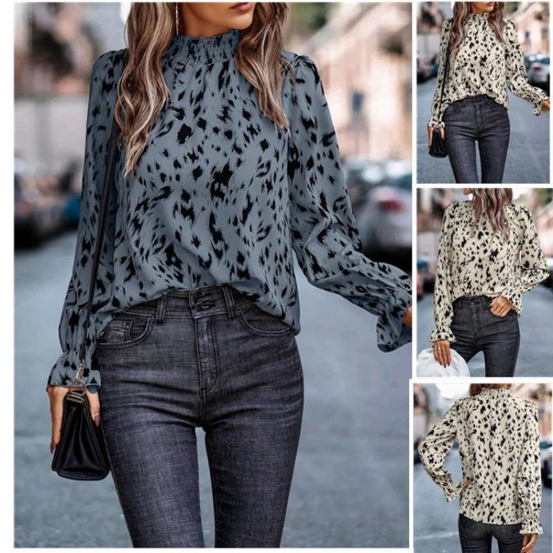 New European and Style Autumn Winter Elegant Polyester Pullover Long Sleeve Half High Collar Loose Fit Women's Shirt
