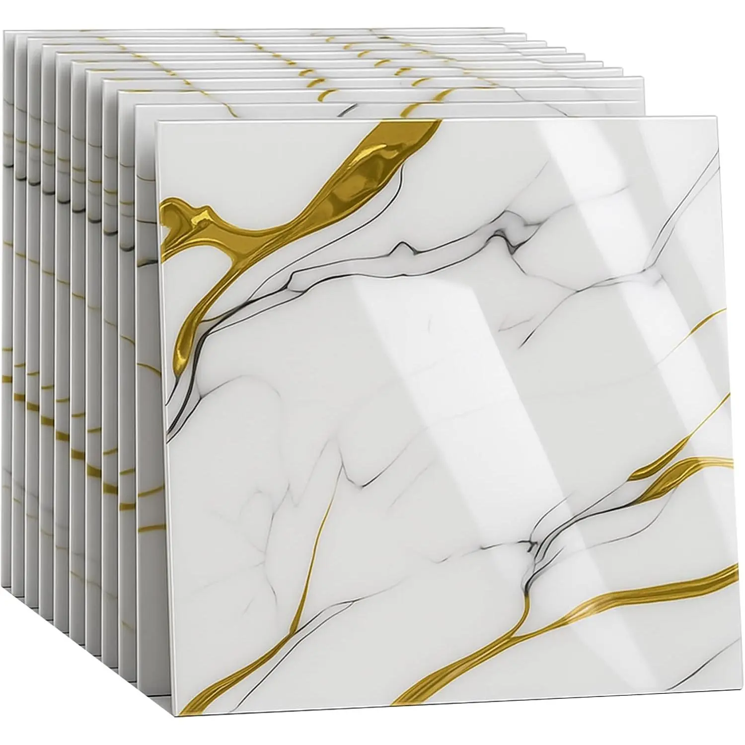 Peel and Stick Backsplash Tiles 16PCS – Waterproof Self Wall Stickers for, Easy DIY Stick On Tile Backsplash, Heat Resistant Decorative Wall Covering (White and Gold)
