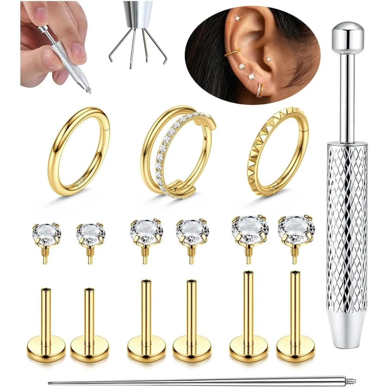 Flat Back Earrings 316L Surgical Steel, Cartilage Piercing Jewelry for Women, Tragus Helix Conch Studs & Clicker Hoops, Internal Thread 16G 18G