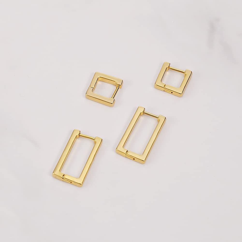 2 Pairs 14K Gold Plated Minimalist Hoop Earrings Small Dainty Geometric Square and Rectangle Huggies Hoops for Girls Women Gift, gold, silver and black