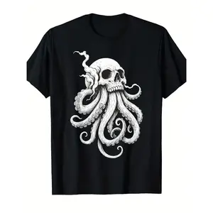 Cthulhu Kraken Skull Octopus Graphic T-Shirt - Vintage Nautical Sea Monster Design Unisex & Print 220gsm Heavyweight Pure All-Season Fit Round Neck Tee for Men & Women Lovecraftian Horror Apparel