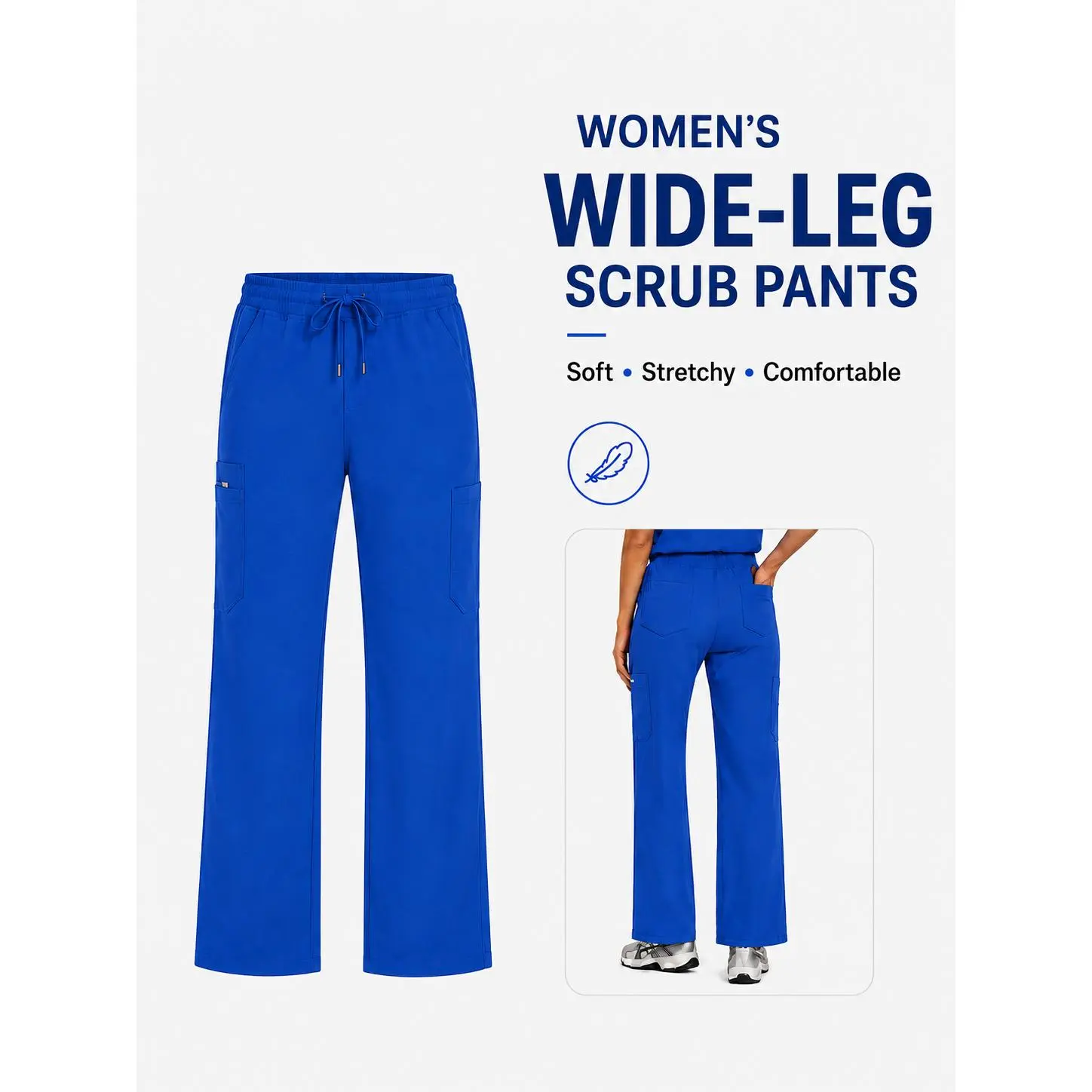 Women's Royal Blue Minimalist High-Waisted Loose-Fit Flared Cargo Scrub Pants - Basics Clothes, High Stretch Elastane Bottom, Soft, Breathable, Adjustable Drawstring, Multi-Pockets, Professional Medical Uniform Workwear Style Joggers for Women, Matching