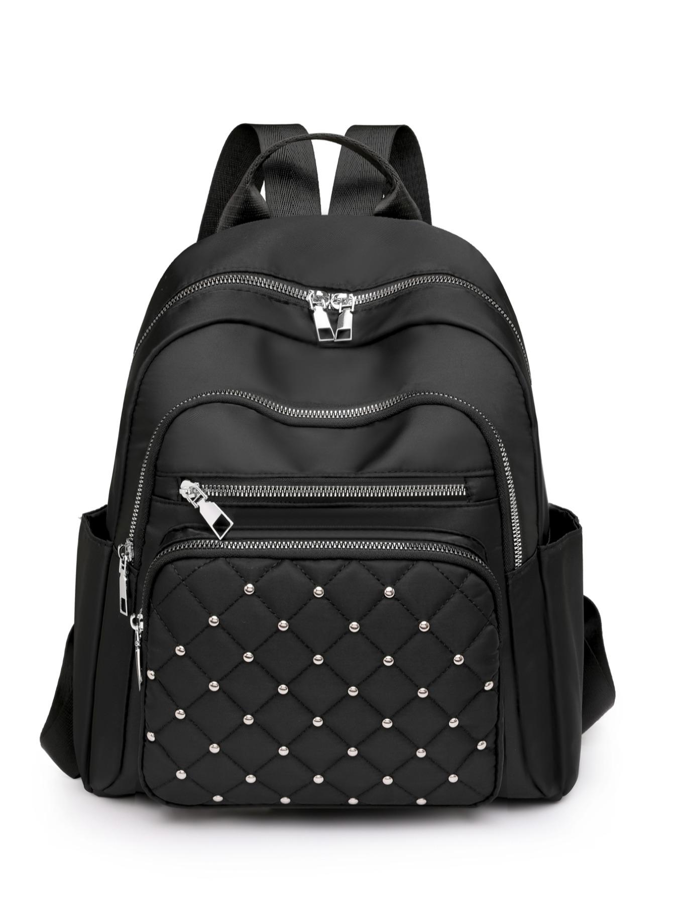 Rhombus Quilted Faux Pearl Decorated Backpack, Casual Zipper Backpack for Women, All-match Commuter Bag for Daily Used, Perfect for College Students
