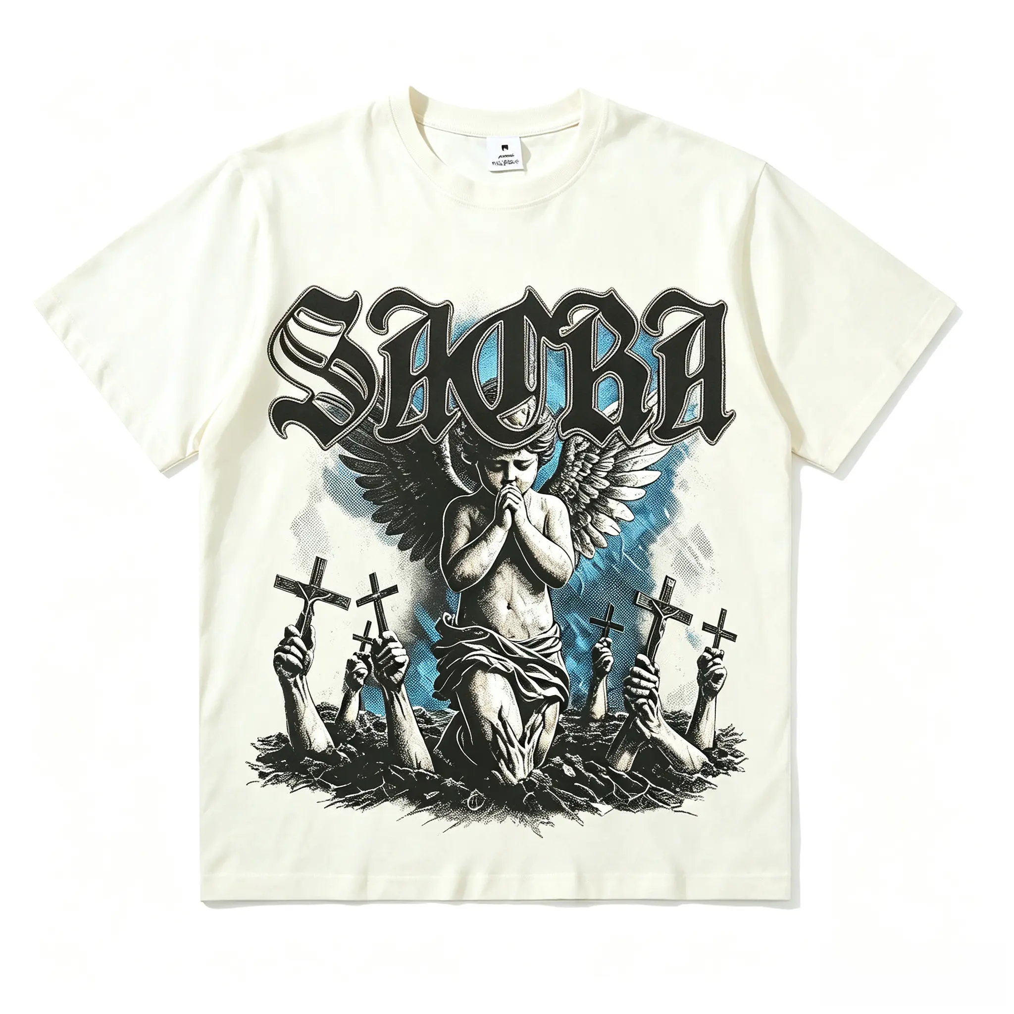 100% Cotton Gothic Angel Cross T-Shirt, Sad Praying Cherub Dark Graphic Tee, Unisex Soft Comfort Fit, Vintage Grunge Streetwear, Trendy Y2K Alt Top, Multi Colors