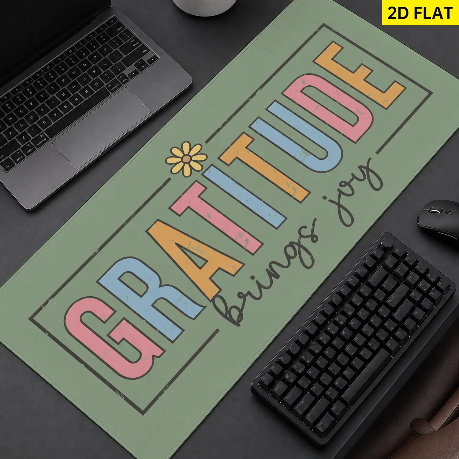 Extra Large gratitude quote floral typography Mouse Pad, Non Slip Rubber Pad, Desktop Decoration Drotection Pad, Washable, Lock Edge Multi Size, Premium Multipurpose Mousepad For Home, Office, Gift for Family and Friends