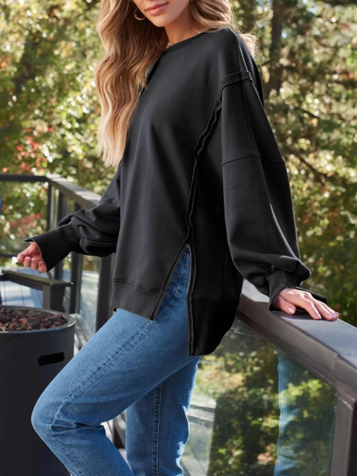 Women's Plain Split High Low Hem Drop Shoulder Sweatshirt Tops, Casual Long Sleeve Round Neck Pullover for Fall & Winter, Ladies Clothes for Daily Wear