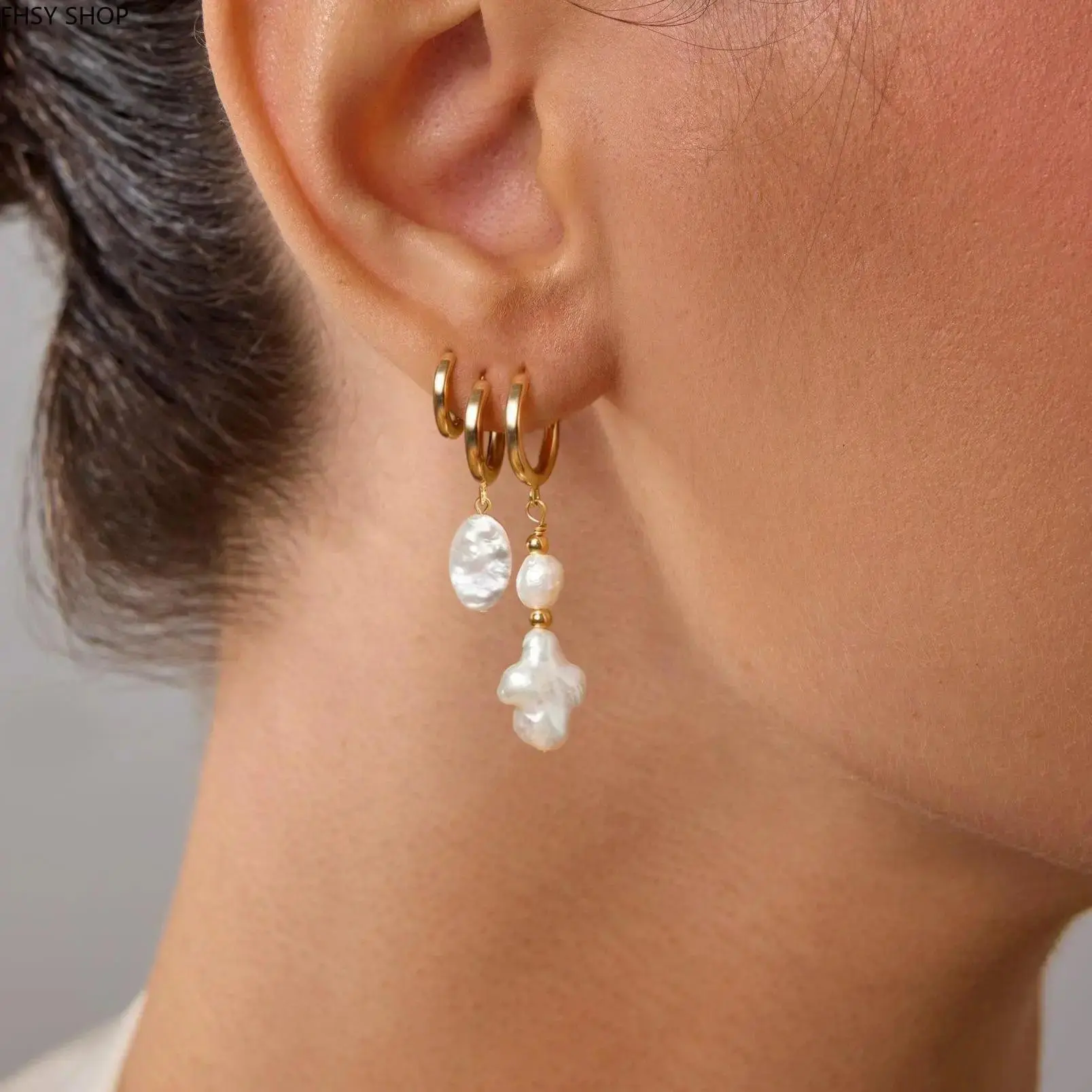 3 Pairs 14K Gold Hoop Earrings for Women, Smooth Minimalist Hoops with Natural & Irregular Pearls, Hypoallergenic Pearl Jewelry Gift Set for Mother's Day & Summer