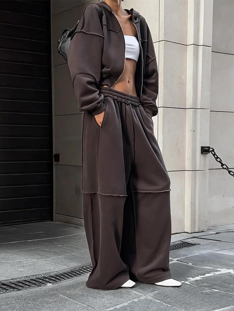 Women's Solid Zip Up Hooded Sweatshirt & Pocket Elastic Waist Pants Two-piece Set, Casual Outfits Women, Casual Drop Shoulder Long Sleeve Top & Trousers for Fall & Winter, Women's Clothes for Daily Wear, Brown,Airport Outfit