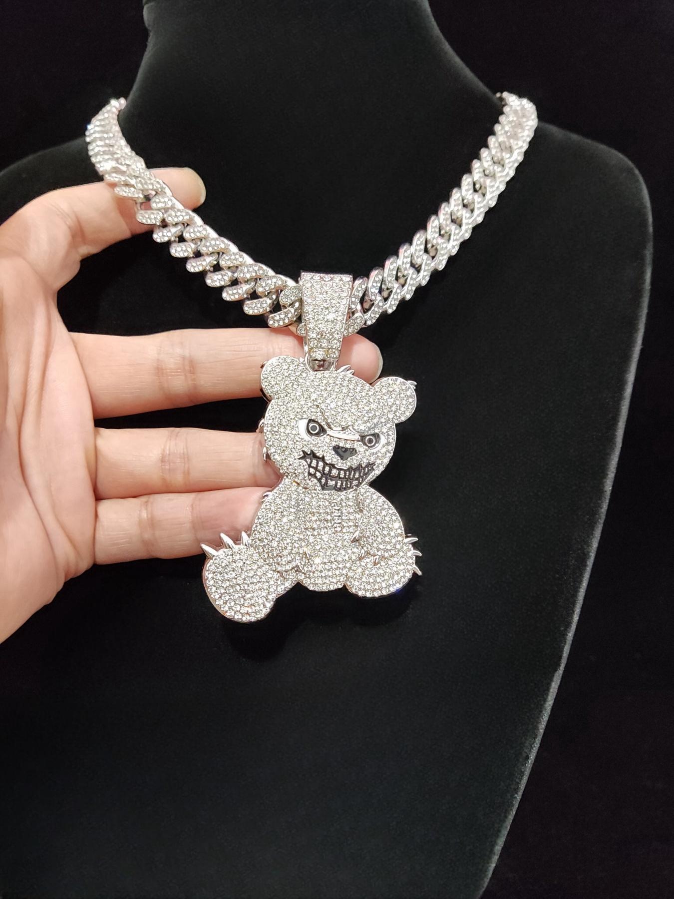 Unisex Punk Style Bear Pendant Necklace, Rhinestone Decor Cuban Chain Necklace, Fashion Jewelry for Party, Daily Decor, Bling Stylish Accessory, Jewelry for Birthday Gift, Valentine's Day, Cuban Link Chain, Necklaces Men, Statement Necklace