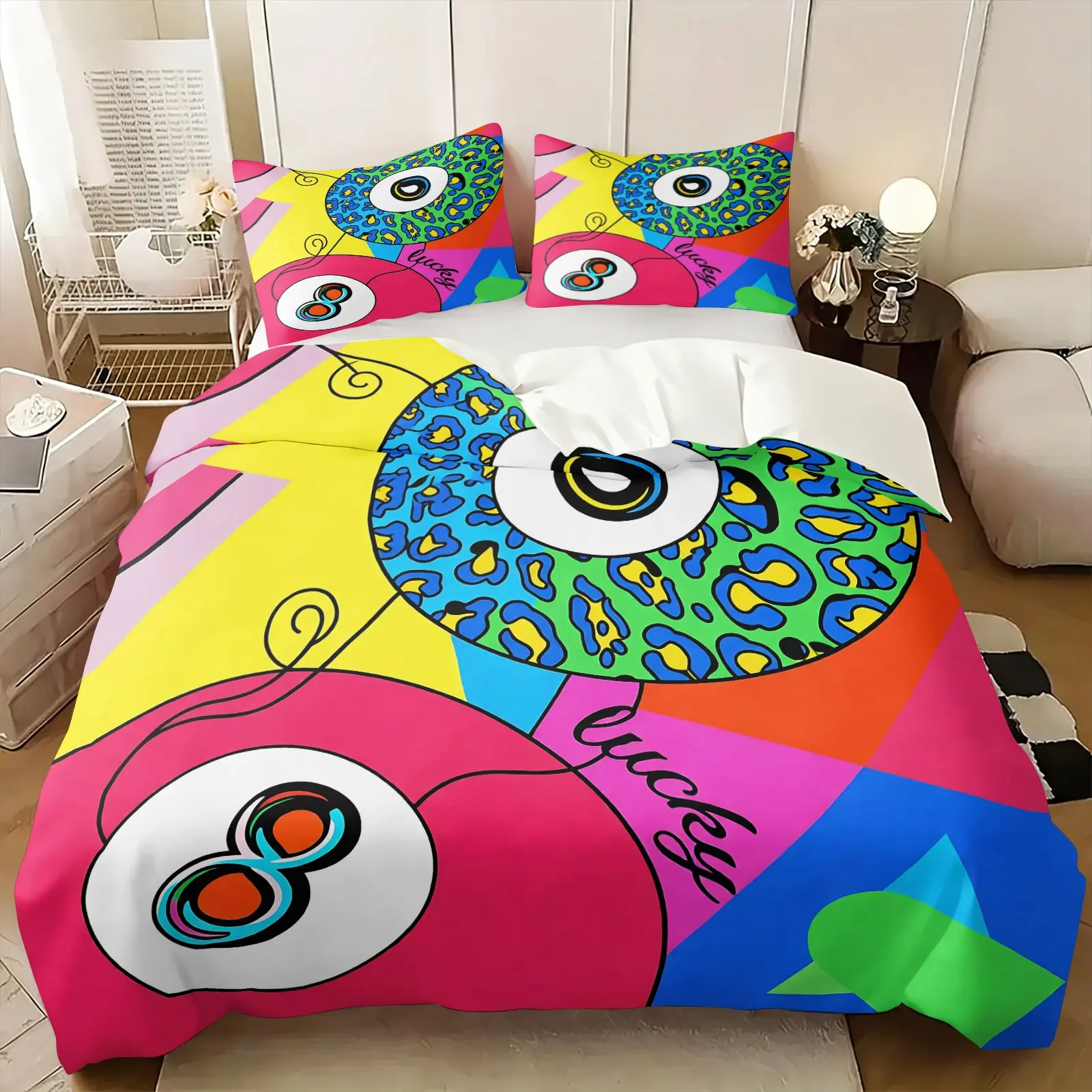 High Saturation Rainbow Contrast Leopard Lucky Number 8 Ball Duvet Cover Se & 1-2 Coreless Pillowcases, Pop Punk Trendy Bedding Set, Soft Breathable Skin-friendly Polyester Fabric, Cool Neon Street Punk Style Girls Bedroom Decor