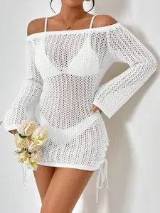 Women's Sexy Off-Shoulder Knit Beach Cover-Up, Long Sleeve Hollow Out Drawstring Side Slim Fit Mini Dress, Summer Vacation Swimwear Cover-Up, Swimsuit Coverups