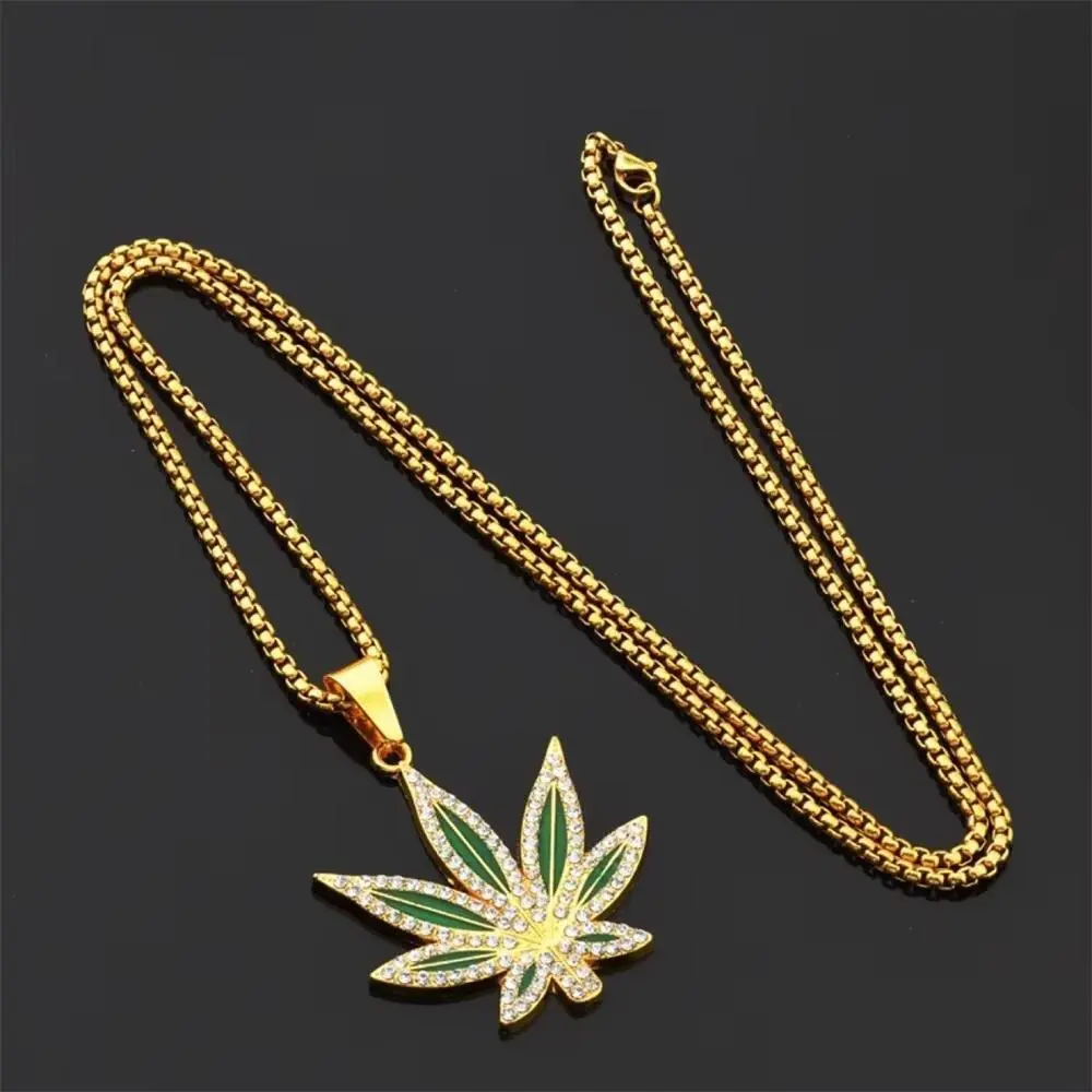 FTCY Unisex Zinc Alloy Rhinestone Leaf-Shape Maple Leaf Pendant Necklace, Punk Hip-Hop Gold Costume Chain Jewelry, Ideal for Parties, Personalized Gifts, Hip Hop Jewellery