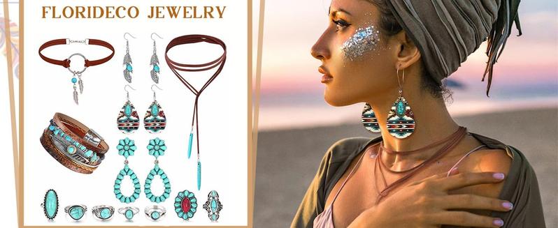 Fashionable  Western Jewelry for Women Bohemian，Exquisite Turquoise Jewelry Set , Turquoise Faux Leather Cuff Bracelet, Necklace&Earrings &Rings