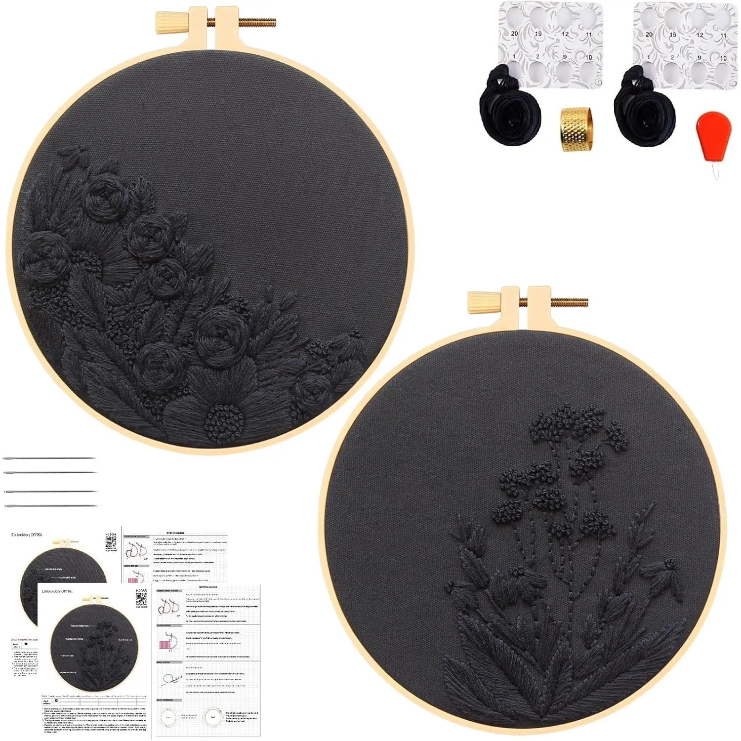 Black  Embroidery Kits for Beginners Adults, Floral Hand Embroidery Set Needlepoint DIY Kit, Stamped   Kits for Beginners Adult, 2 Embroidery Hoops (Attached Video Tutorial)