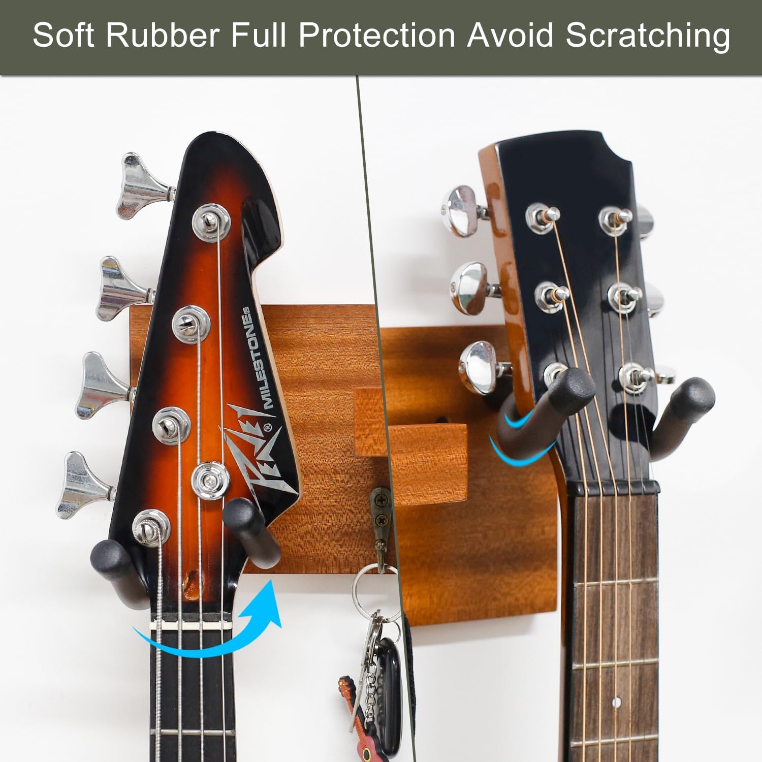 Guitar Wall Mount,Solid  Guitar Wall Hanger with 3 Storage Hooks and 2 Rotatable Rubber Guitar Hanger,Guitar Display Stand with Shelf and Pick Holder for  Size Guitar-Sapele  Color